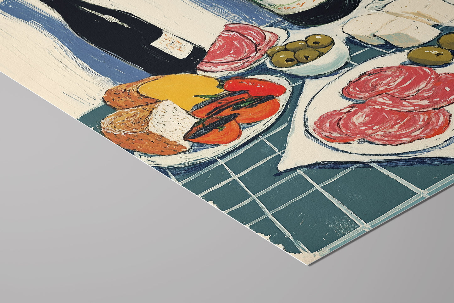 Antipasti Art Print – Italian Wine, Cheese, Olives, Kitchen Illustration