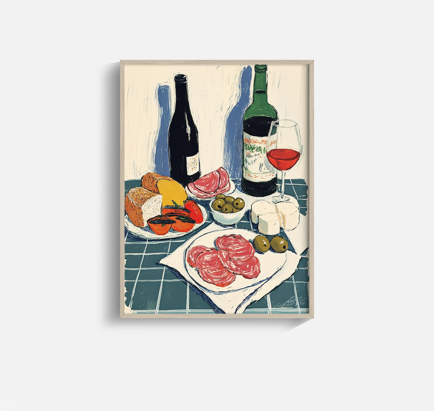 Antipasti Art Print – Italian Wine, Cheese, Olives, Kitchen Illustration