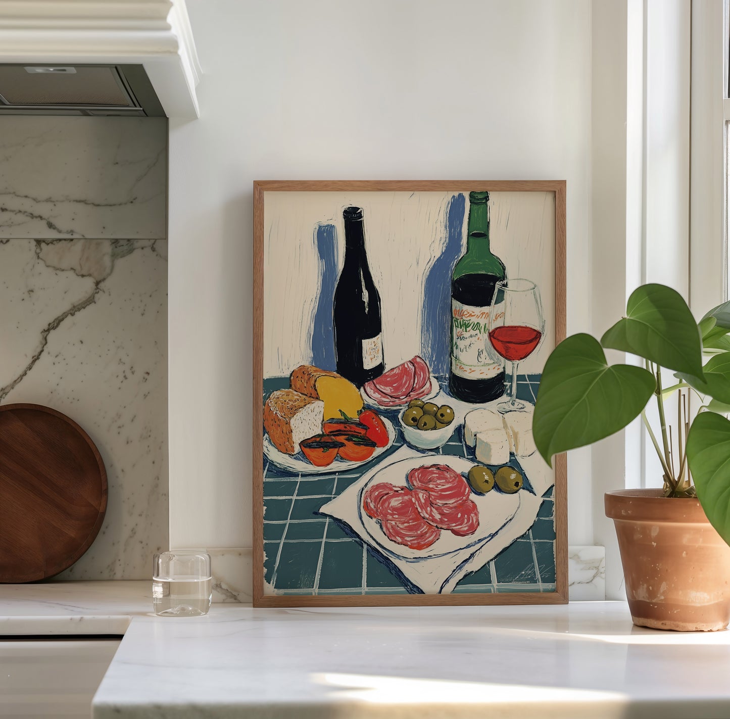 Antipasti Art Print – Italian Wine, Cheese, Olives, Kitchen Illustration
