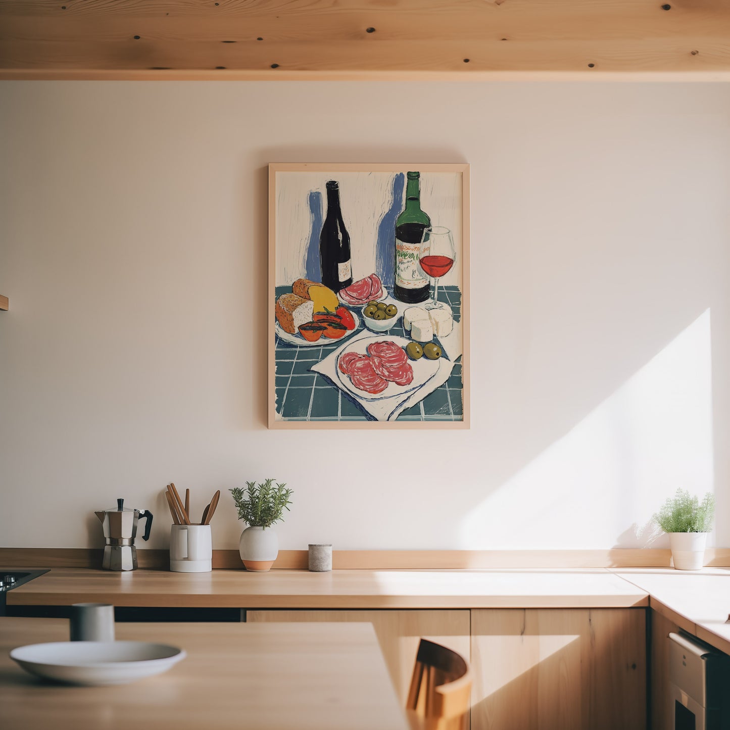 Antipasti Art Print – Italian Wine, Cheese, Olives, Kitchen Illustration