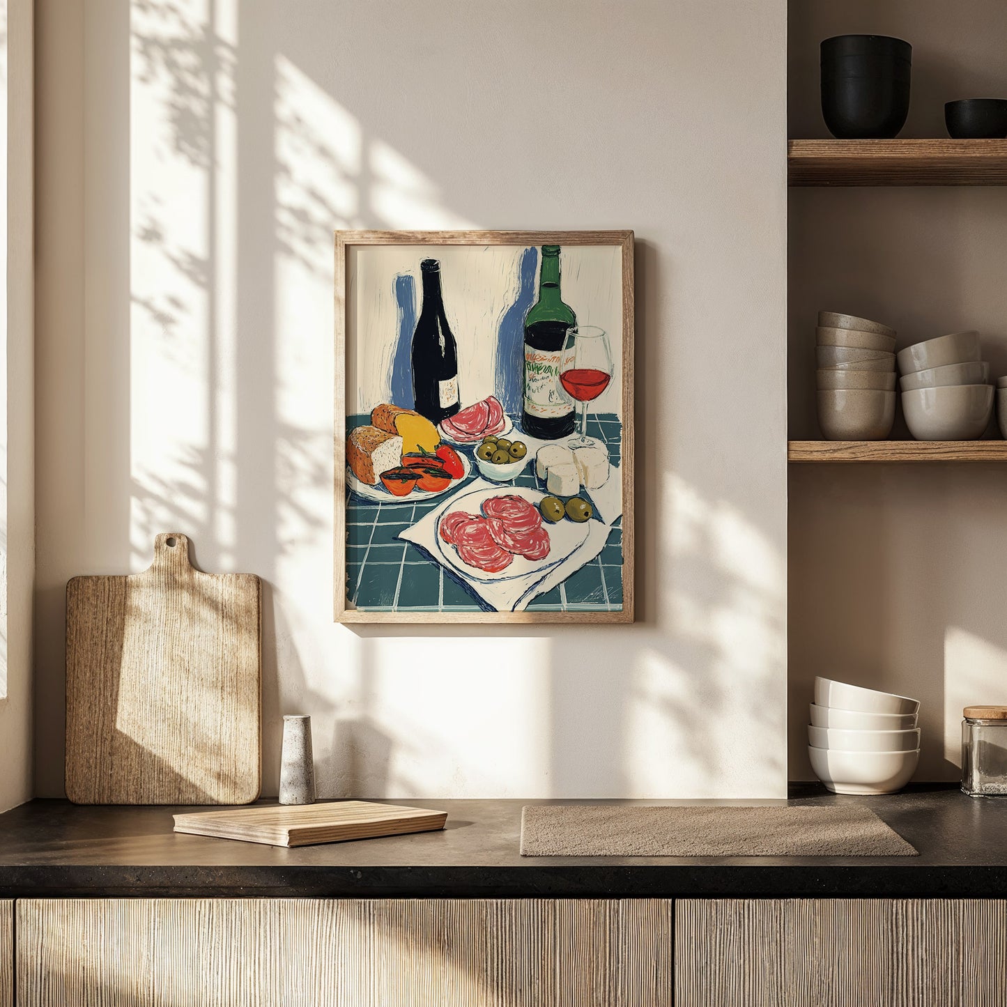 Antipasti Art Print – Italian Wine, Cheese, Olives, Kitchen Illustration