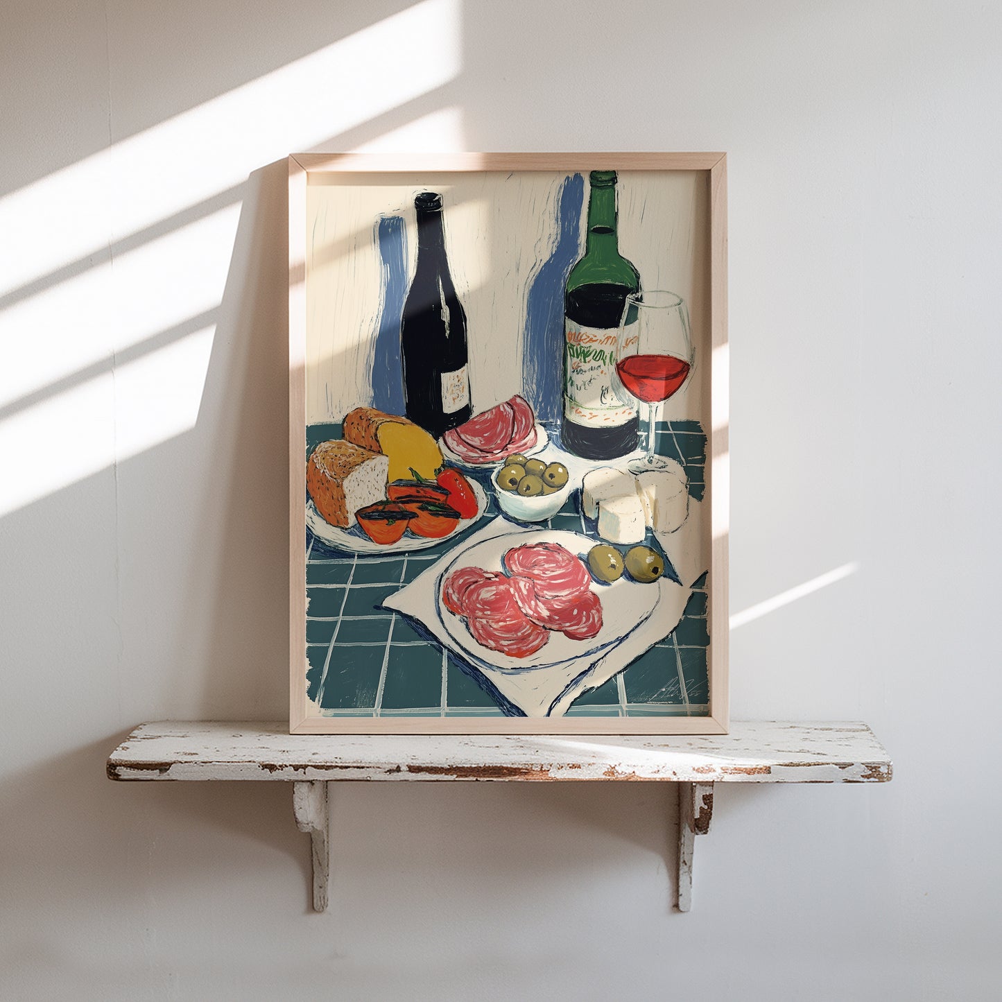 Antipasti Art Print – Italian Wine, Cheese, Olives, Kitchen Illustration