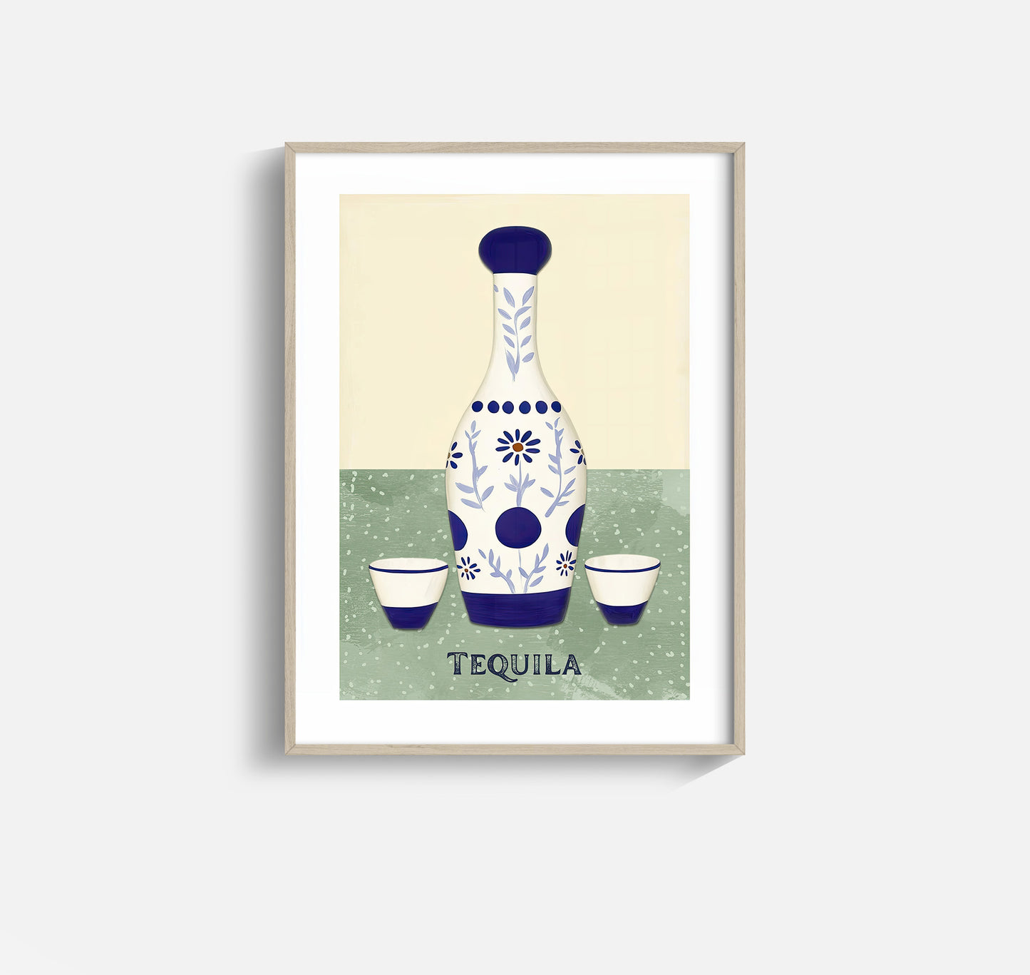Tequila for Dos – Modern Talavera Bottle and Shot Glasses Wall Art