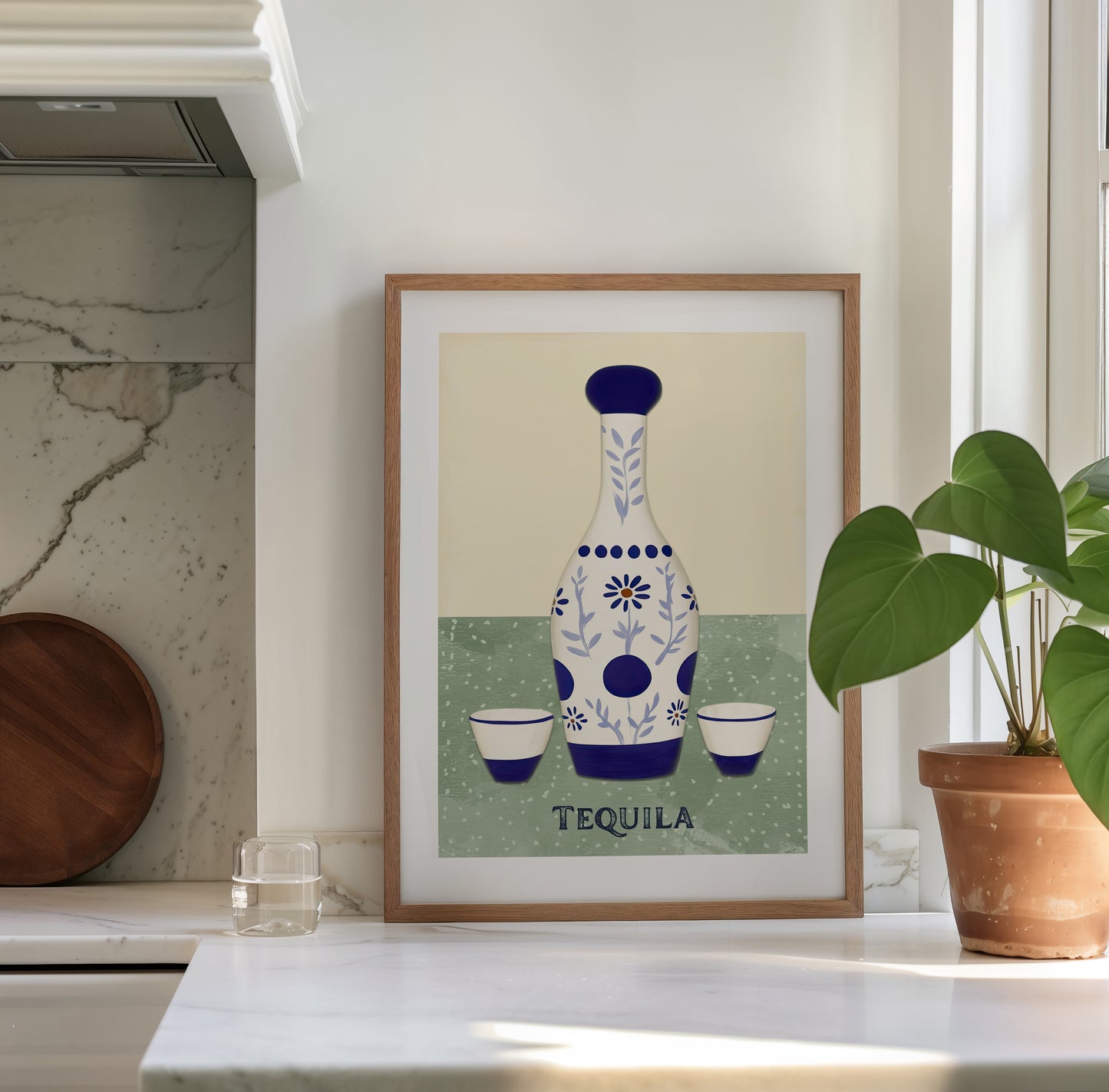 Tequila for Dos – Modern Talavera Bottle and Shot Glasses Wall Art