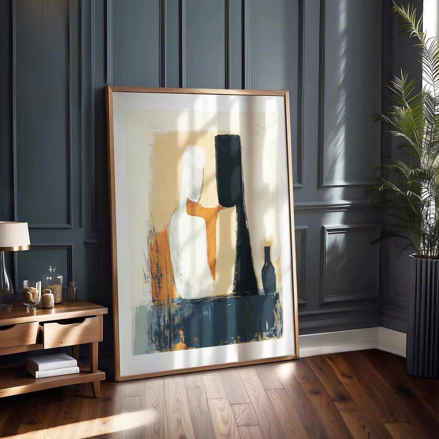 The Visitor – Abstract Figurative Painting in Ochre, Black and Blue