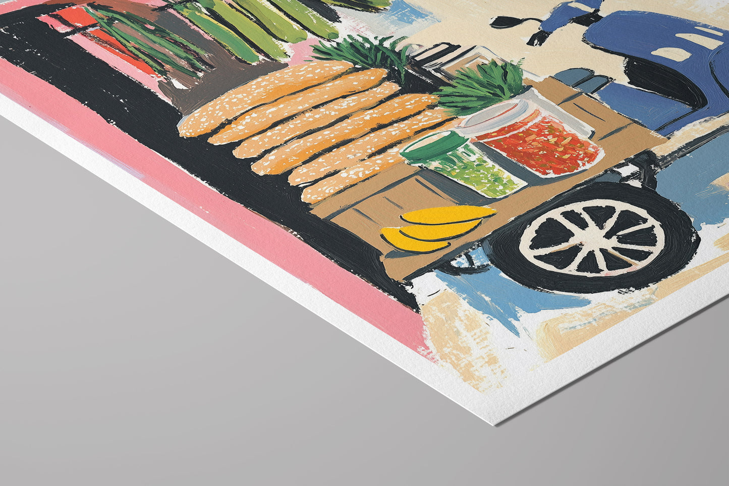 Vietnamese Street Food Cart Art – Colorful Fruit and Snack Stand Illustration with Scooter