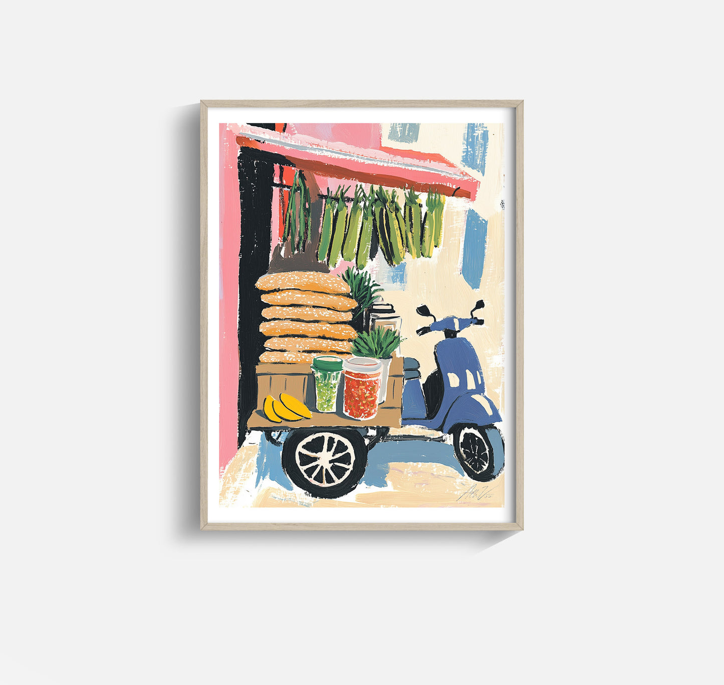 Vietnamese Street Food Cart Art – Colorful Fruit and Snack Stand Illustration with Scooter