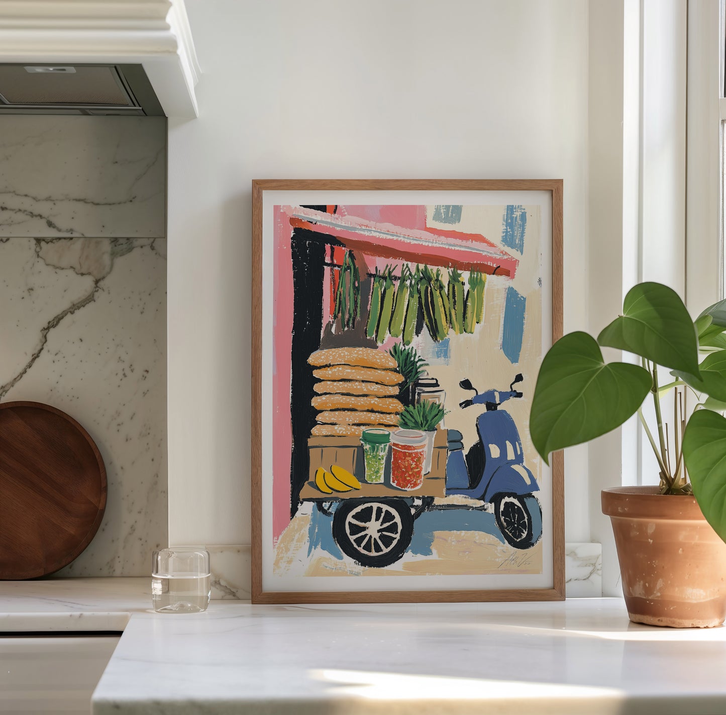 Vietnamese Street Food Cart Art – Colorful Fruit and Snack Stand Illustration with Scooter