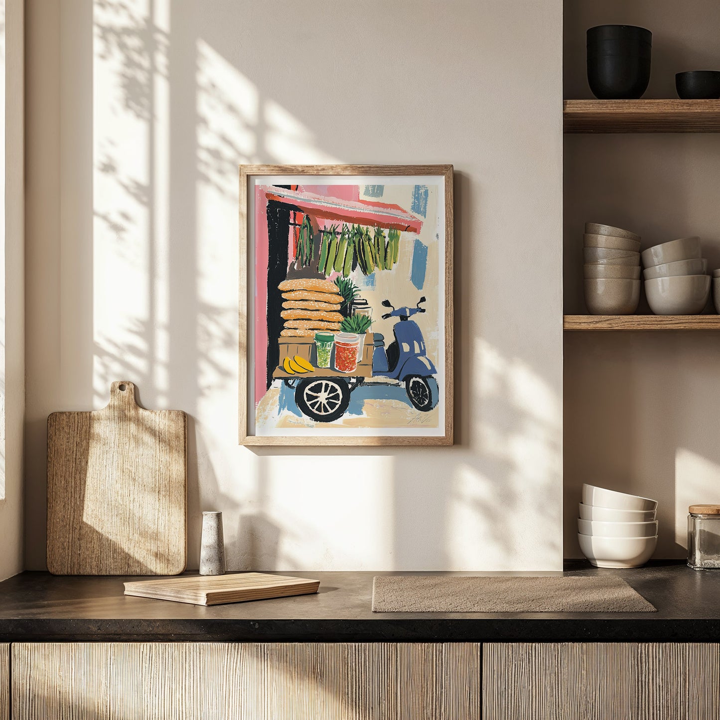 Vietnamese Street Food Cart Art – Colorful Fruit and Snack Stand Illustration with Scooter