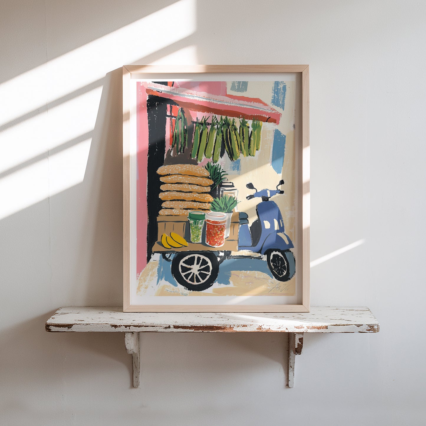 Vietnamese Street Food Cart Art – Colorful Fruit and Snack Stand Illustration with Scooter