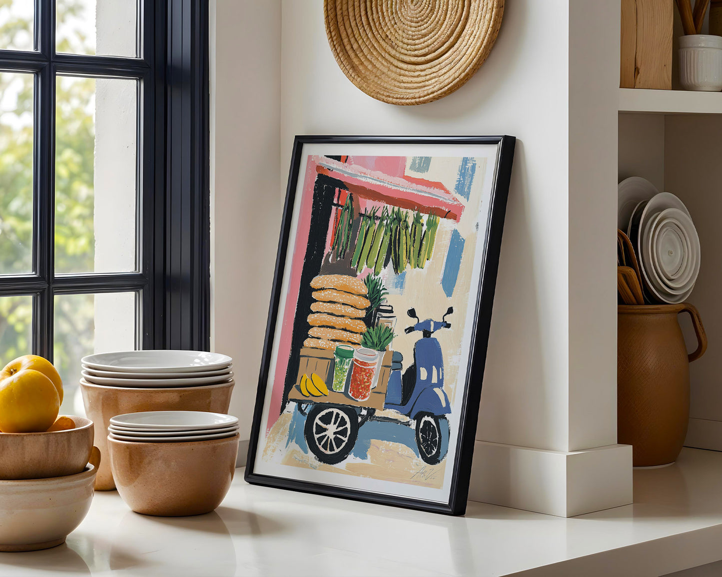 Vietnamese Street Food Cart Art – Colorful Fruit and Snack Stand Illustration with Scooter