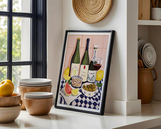 Wine and Sake – Modern Mediterranean & Japanese Inspired Still Life with Citrus and Snacks