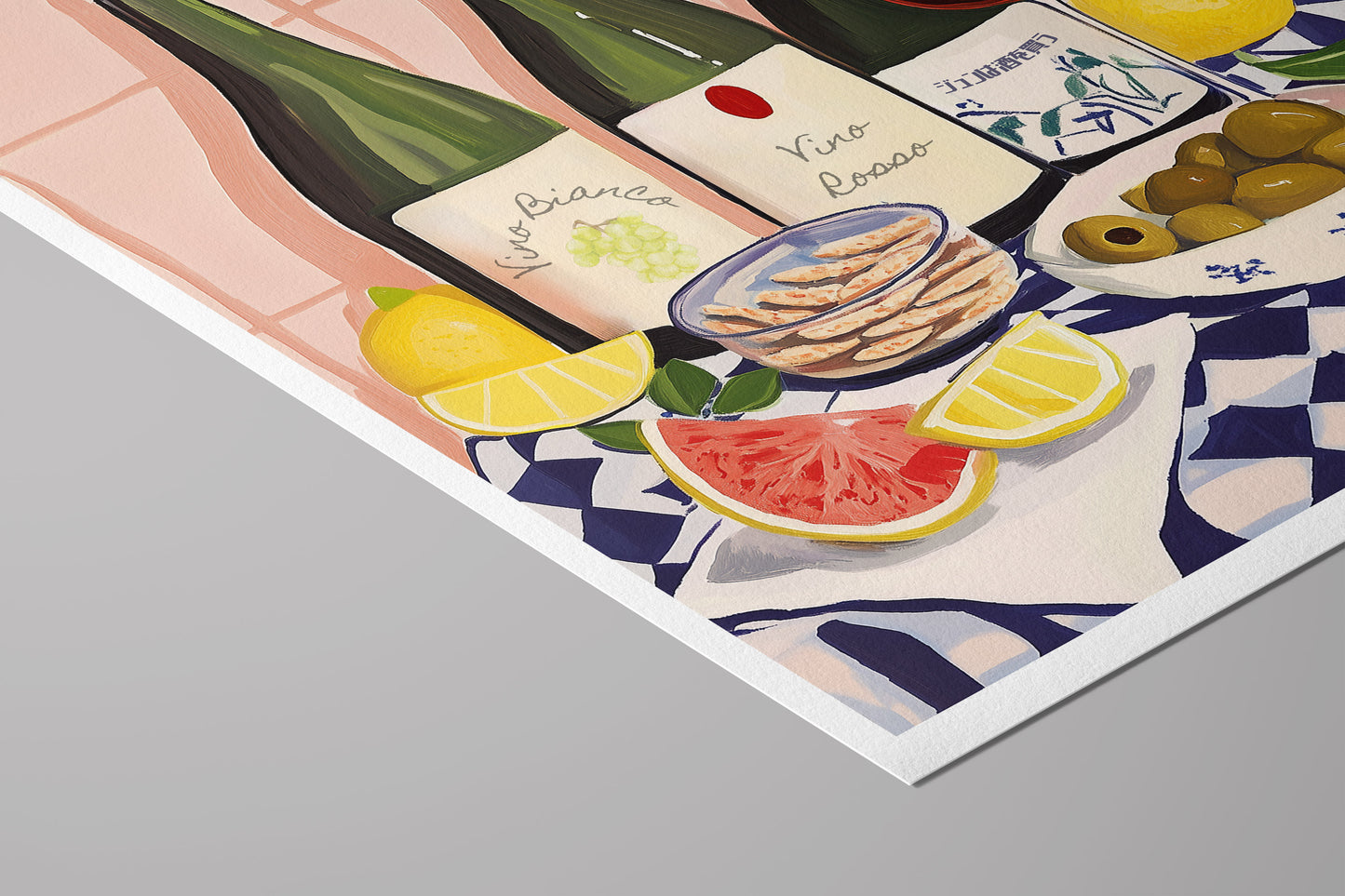 Wine and Sake – Modern Mediterranean & Japanese Inspired Still Life with Citrus and Snacks