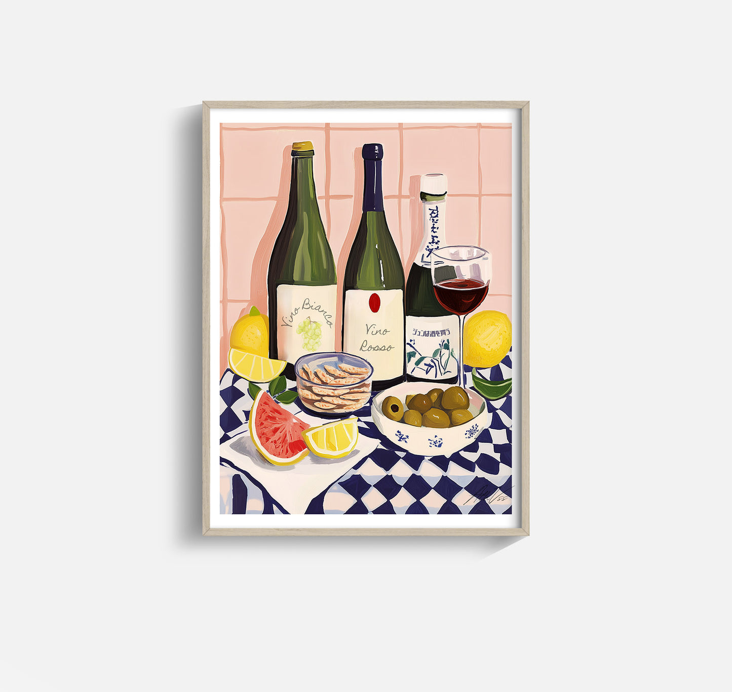 Wine and Sake – Modern Mediterranean & Japanese Inspired Still Life with Citrus and Snacks