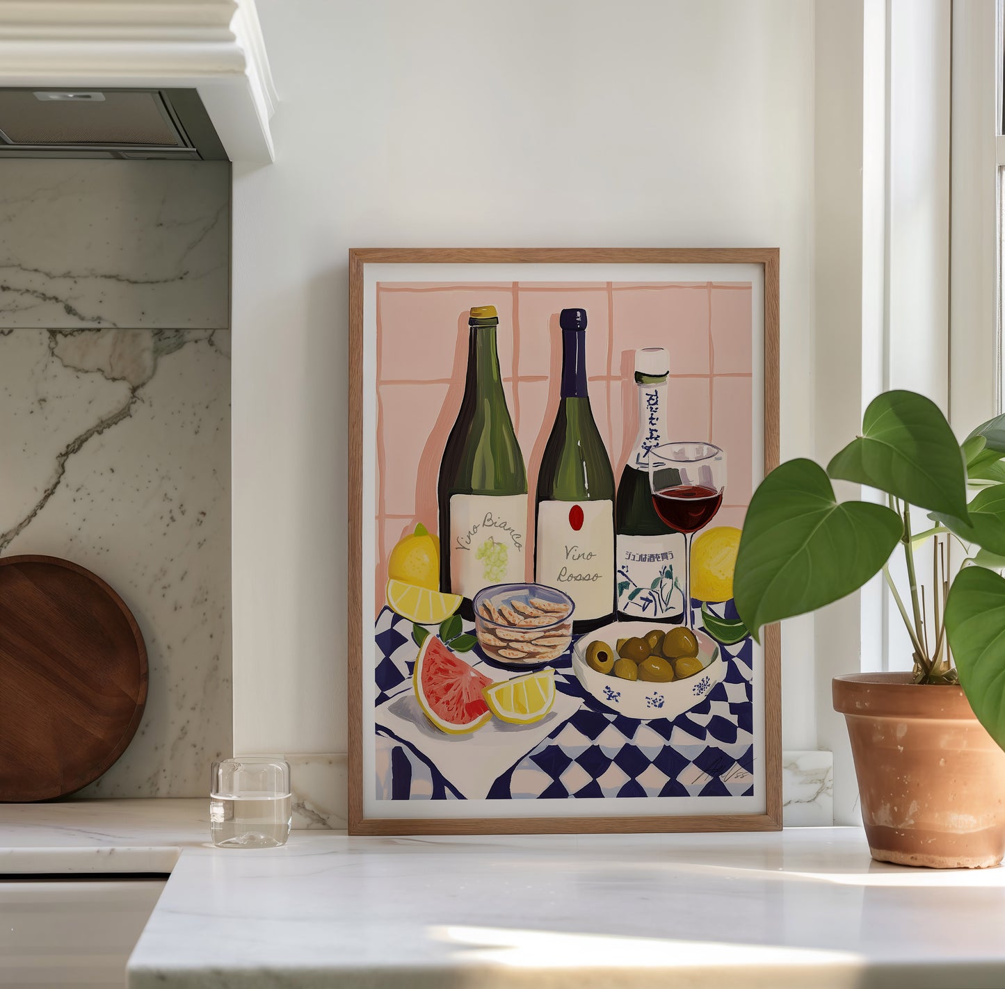 Wine and Sake – Modern Mediterranean & Japanese Inspired Still Life with Citrus and Snacks
