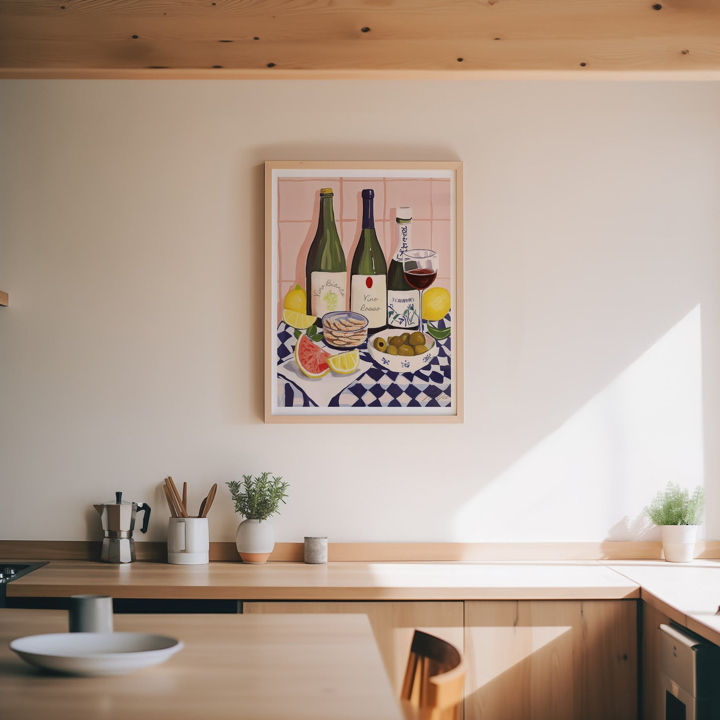 Wine and Sake – Modern Mediterranean & Japanese Inspired Still Life with Citrus and Snacks