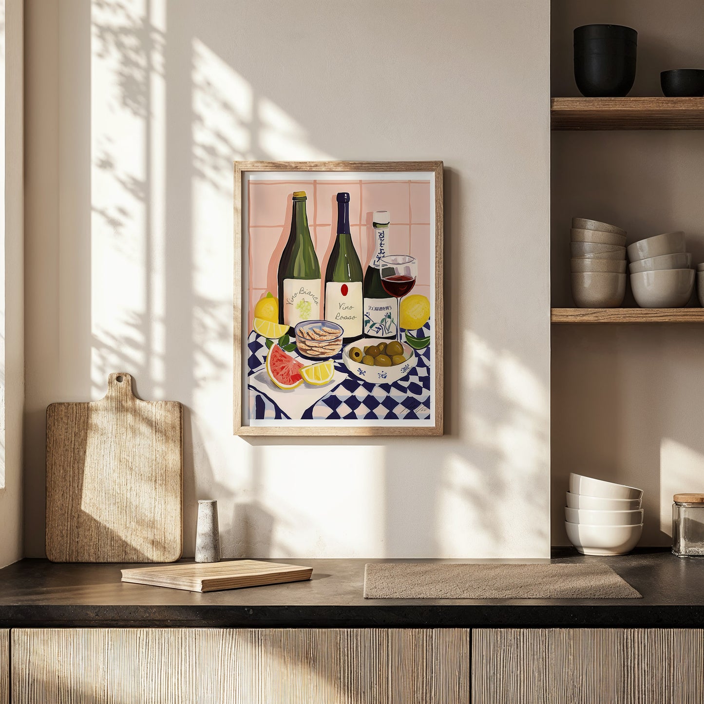 Wine and Sake – Modern Mediterranean & Japanese Inspired Still Life with Citrus and Snacks