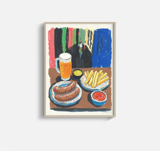 Bratwurst and Beer Art Print – Colorful Food Illustration for Kitchen or Bar