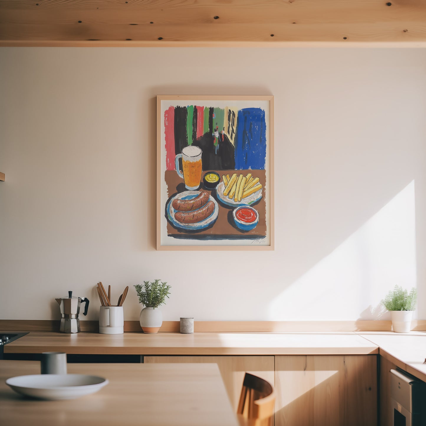 Bratwurst and Beer Art Print – Colorful Food Illustration for Kitchen or Bar
