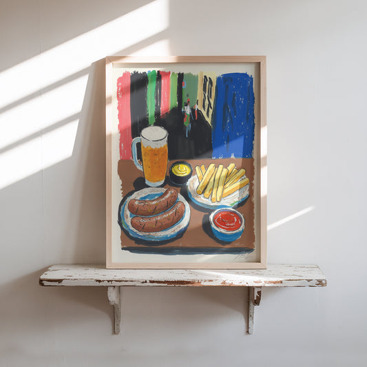 Bratwurst and Beer Art Print – Colorful Food Illustration for Kitchen or Bar