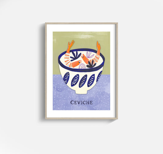 Ceviche – Modern Seafood Bowl Print in Indigo and Citrus Tones