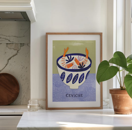 Ceviche – Modern Seafood Bowl Print in Indigo and Citrus Tones