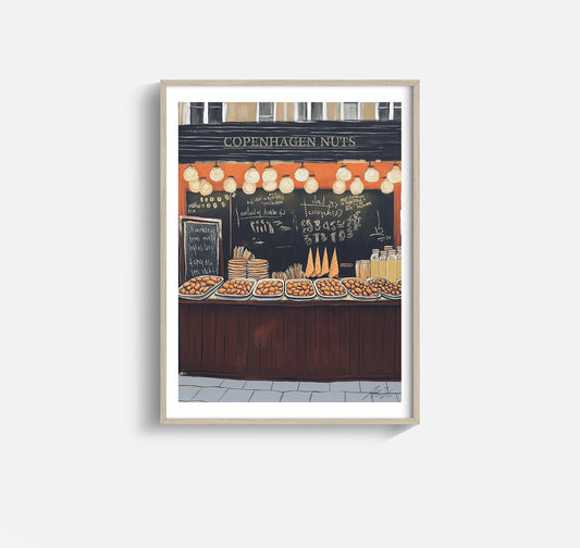Copenhagen Street Nuts Print – Warm European Market Wall Art for Kitchen or Café