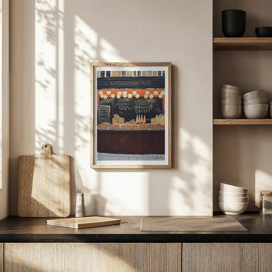 Copenhagen Street Nuts Print – Warm European Market Wall Art for Kitchen or Café