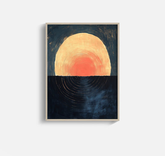 Eclipse – Bold Abstract Sun and Sea Print in Navy and Ochre