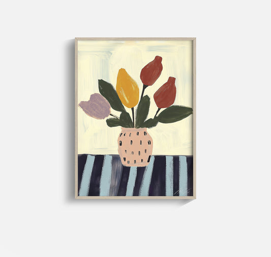 Striped Morning – Whimsical Floral Still Life Print