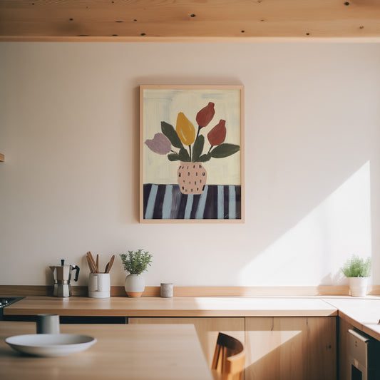 Striped Morning – Whimsical Floral Still Life Print