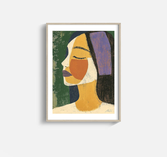 Fragments of Calm – Abstract Modern Portrait in Mustard and Plum