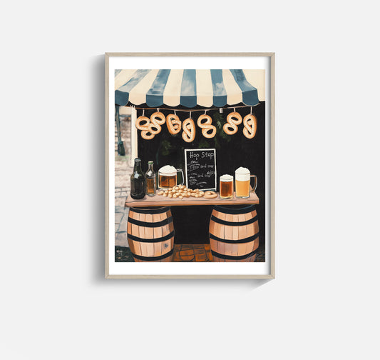 Hop Stop Beer & Pretzel Stand Print – Rustic European Market Wall Art for Bar or Kitchen