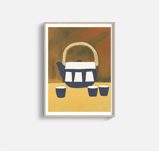 Japanese Tea Set Art Print – Minimalist Teapot and Cups in Earth Tones