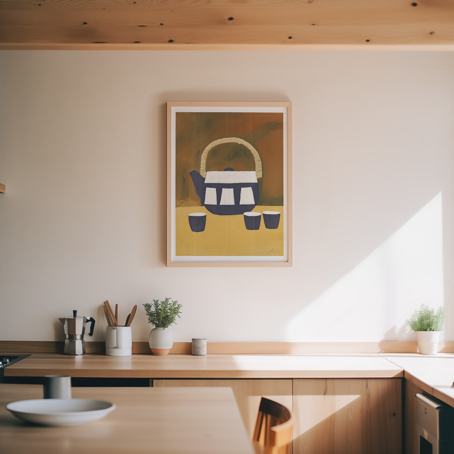 Japanese Tea Set Art Print – Minimalist Teapot and Cups in Earth Tones
