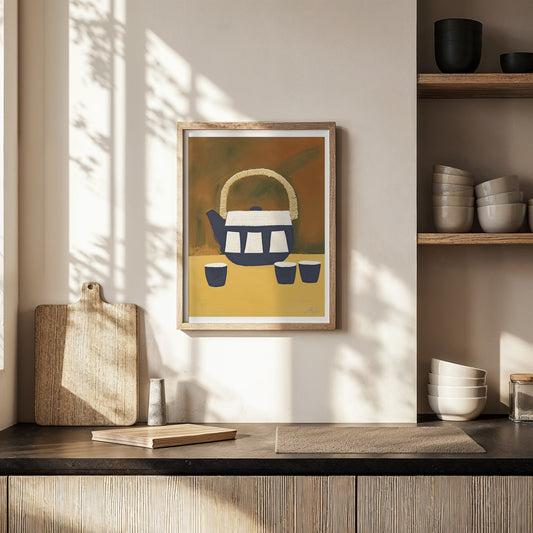 Japanese Tea Set Art Print – Minimalist Teapot and Cups in Earth Tones