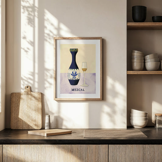 Smoky Ritual – Mezcal Bottle and Copita Wall Art in Talavera Style