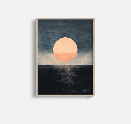 Midnight Sun II – Abstract Minimalist Sunset Painting in Peach and Indigo