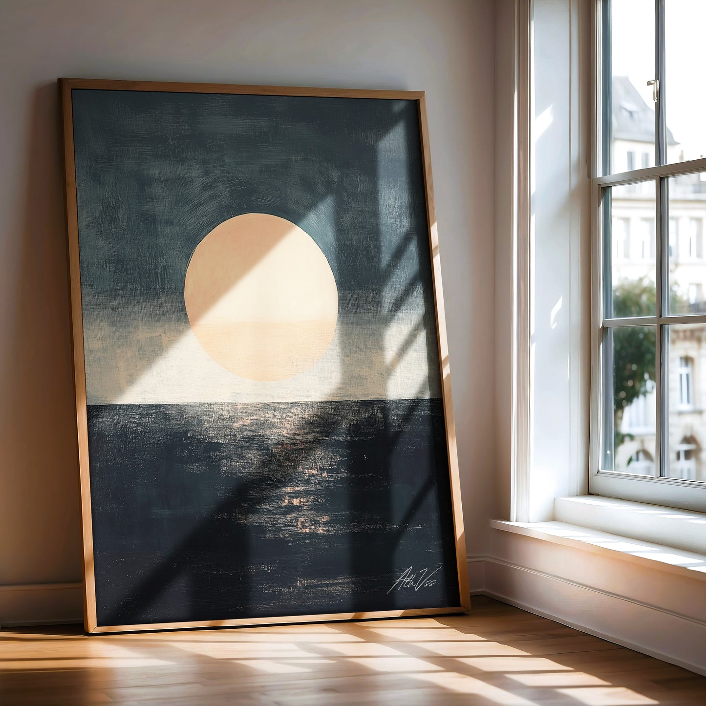 Midnight Sun II – Abstract Minimalist Sunset Painting in Peach and Indigo
