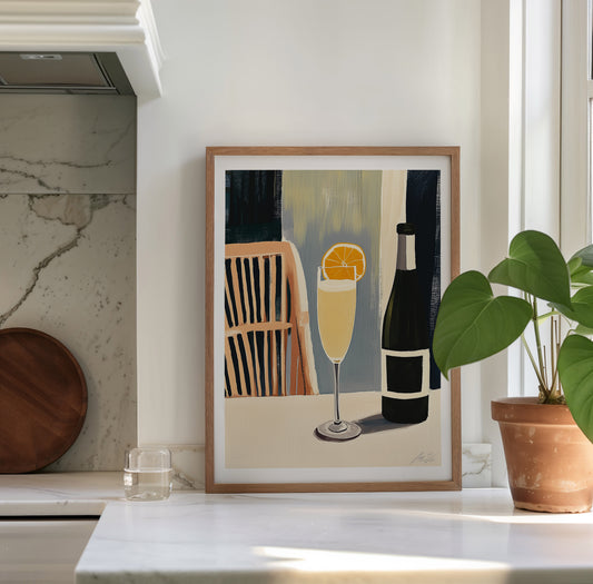 Mimosa Art Print – Modern Brunch Wall Art with Champagne Glass and Citrus Slice