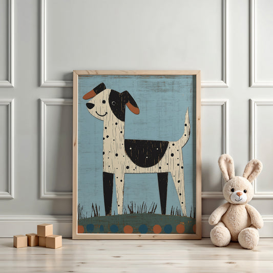 Spotted Dog in Grass – Scandinavian Style Nursery Wall Art for Kids