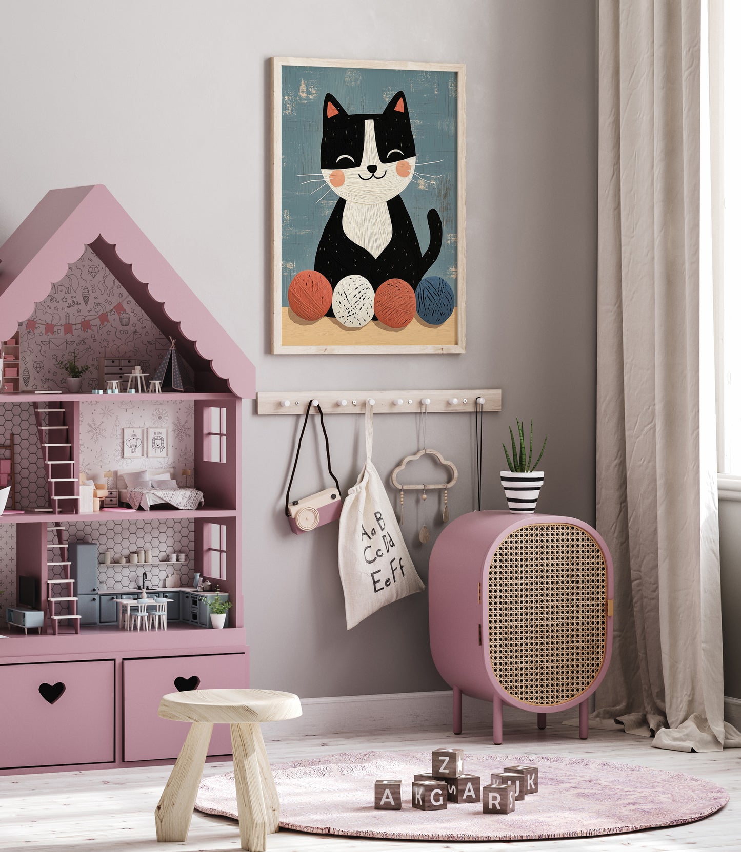 Happy Cat with Yarn Balls – Scandinavian Whimsical Kids Wall Art Print