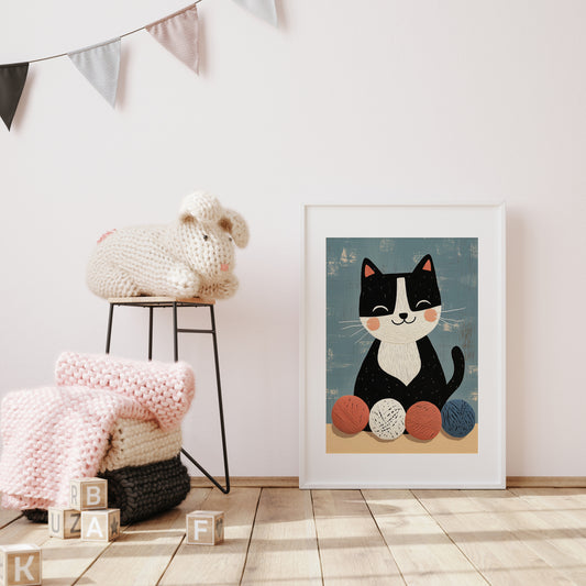 Happy Cat with Yarn Balls – Scandinavian Whimsical Kids Wall Art Print
