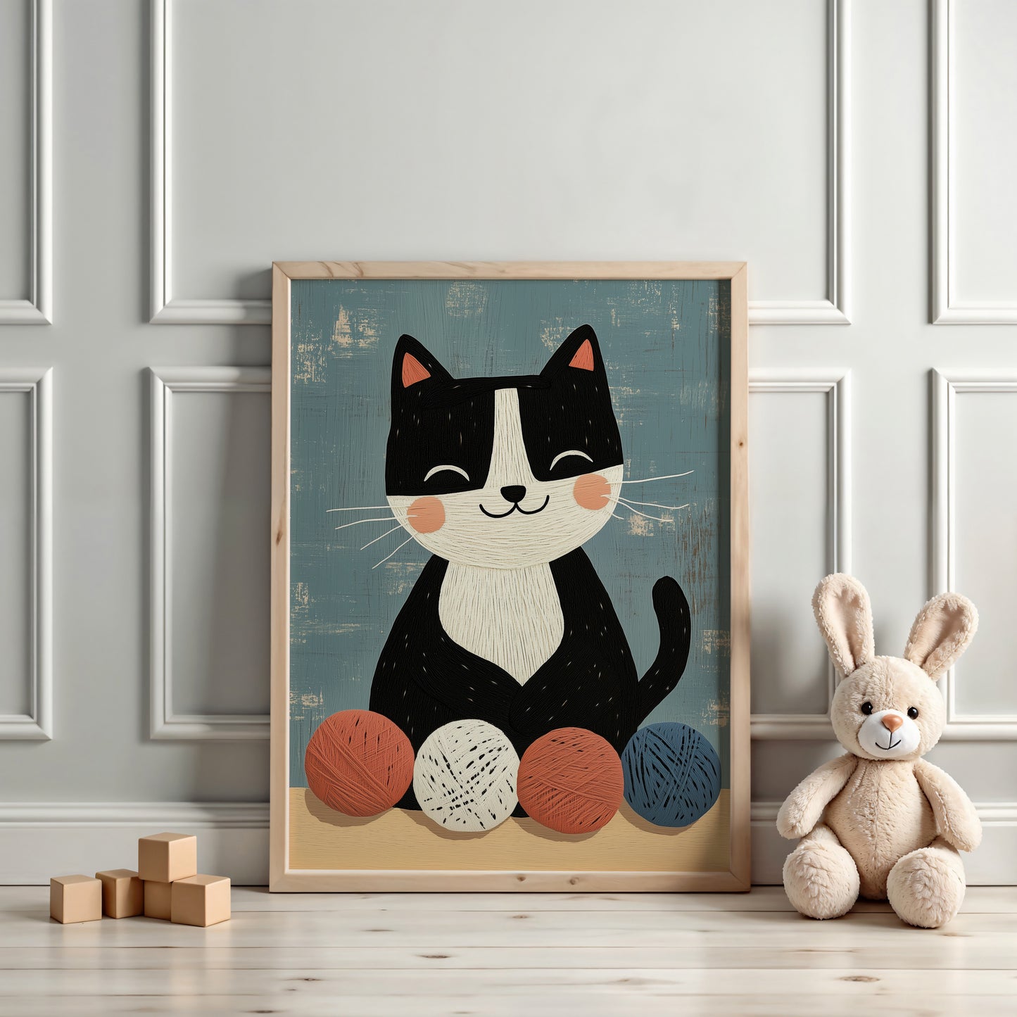 Happy Cat with Yarn Balls – Scandinavian Whimsical Kids Wall Art Print