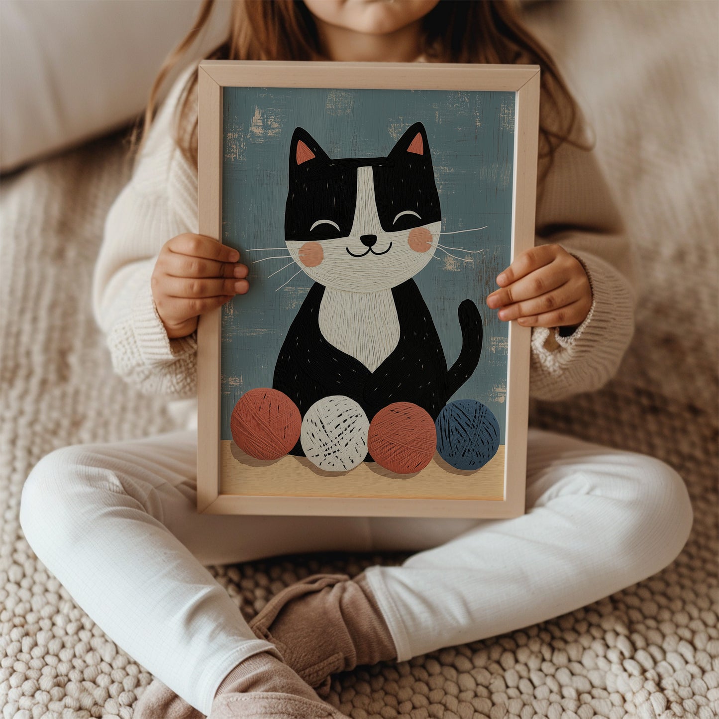 Happy Cat with Yarn Balls – Scandinavian Whimsical Kids Wall Art Print