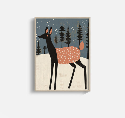 Winter Baby Deer in Forest – Scandinavian Nursery Wall Art for Kids