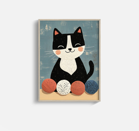 Happy Cat with Yarn Balls – Scandinavian Whimsical Kids Wall Art Print