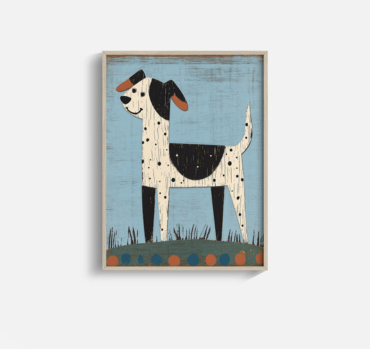 Spotted Dog in Grass – Scandinavian Style Nursery Wall Art for Kids