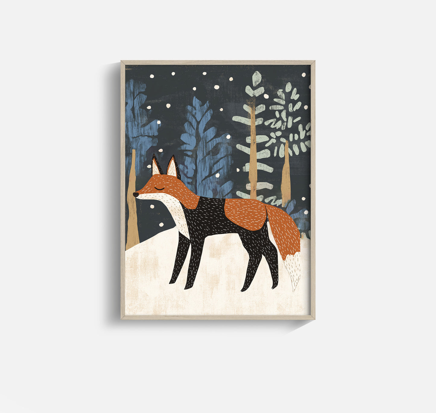 Winter Fox in Forest – Scandinavian Woodland Wall Art for Nursery