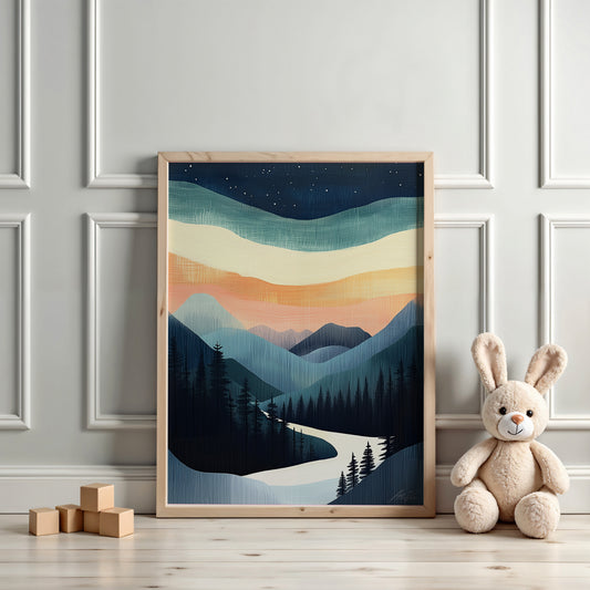 Northern Lights Over Forest – Magical Kids Landscape Wall Art for Nursery or Playroom